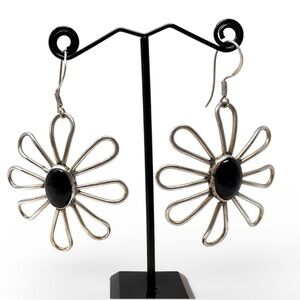 TAXCO sterling silver daisy earrings with black onyx gemstones, vintage